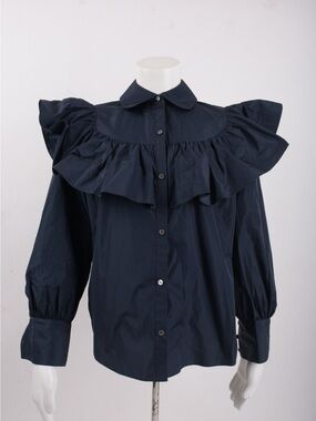 cinq a sept Navy Ruffled Yoke Button-Front Blouse
